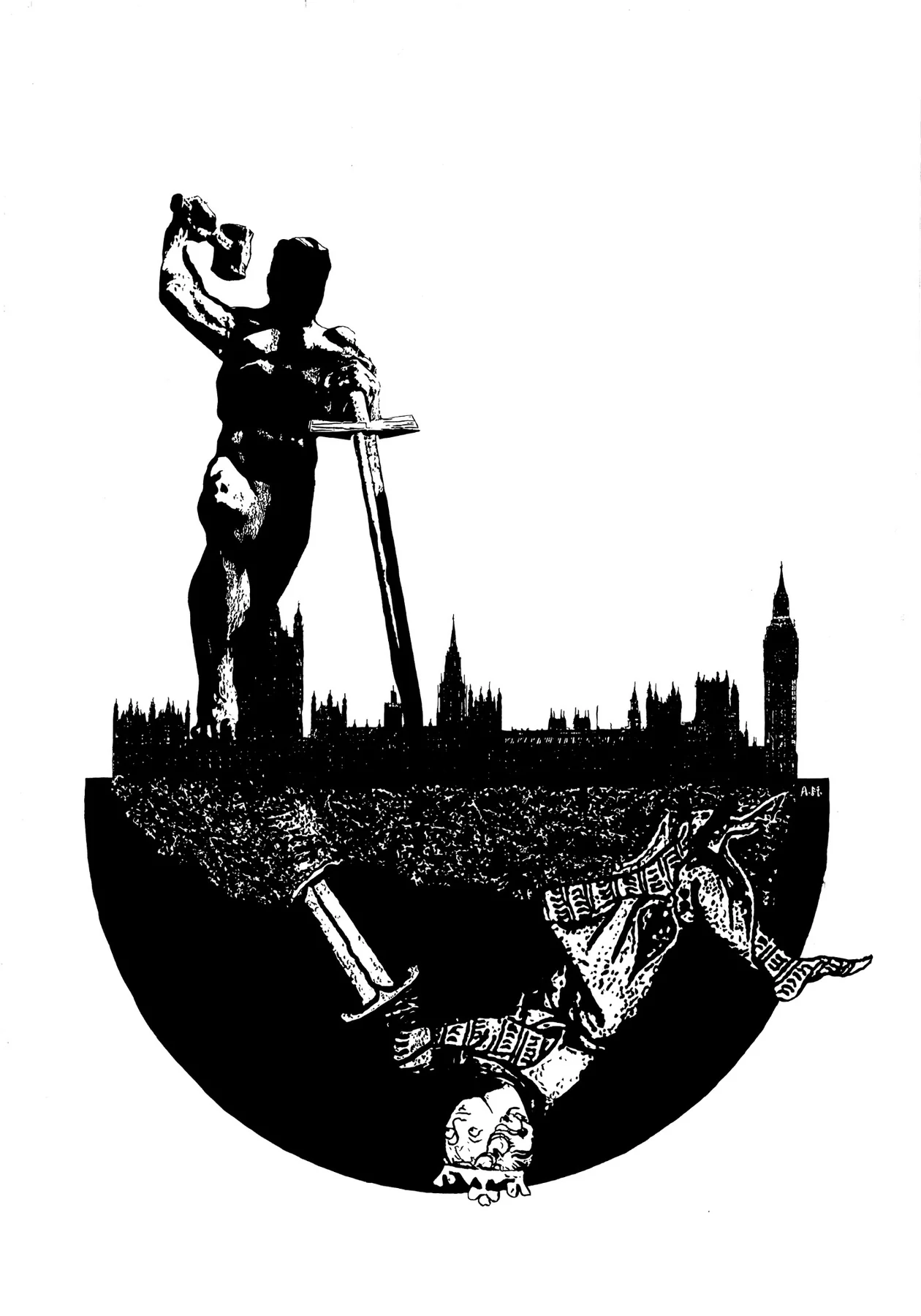 London in Red by Alexandre Mitchell, displayed with Vuchetich upright