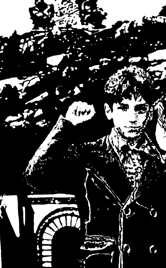 Detail of a boy raising a clenched fist