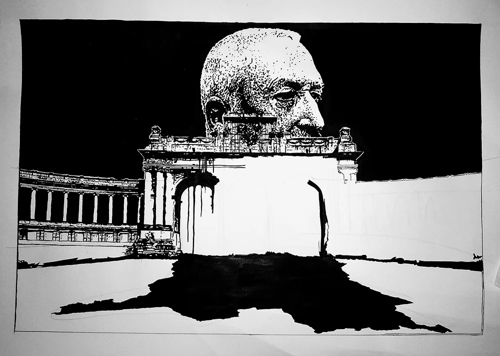 Left colonnade developing in ink