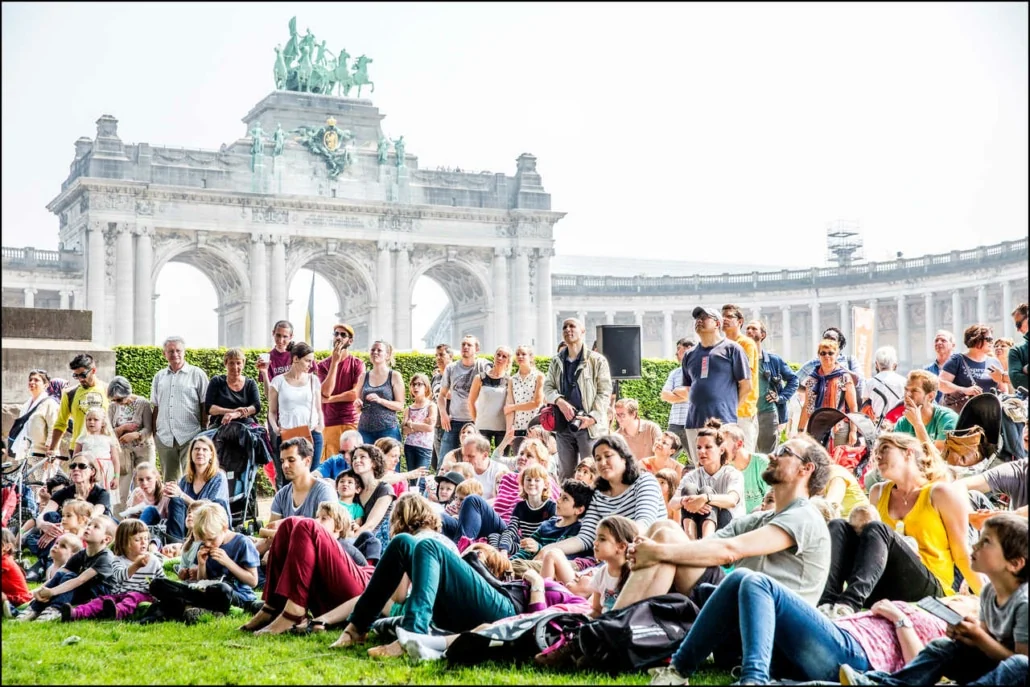 People gathered in front of the Cinquantenaire arcade in Brussels